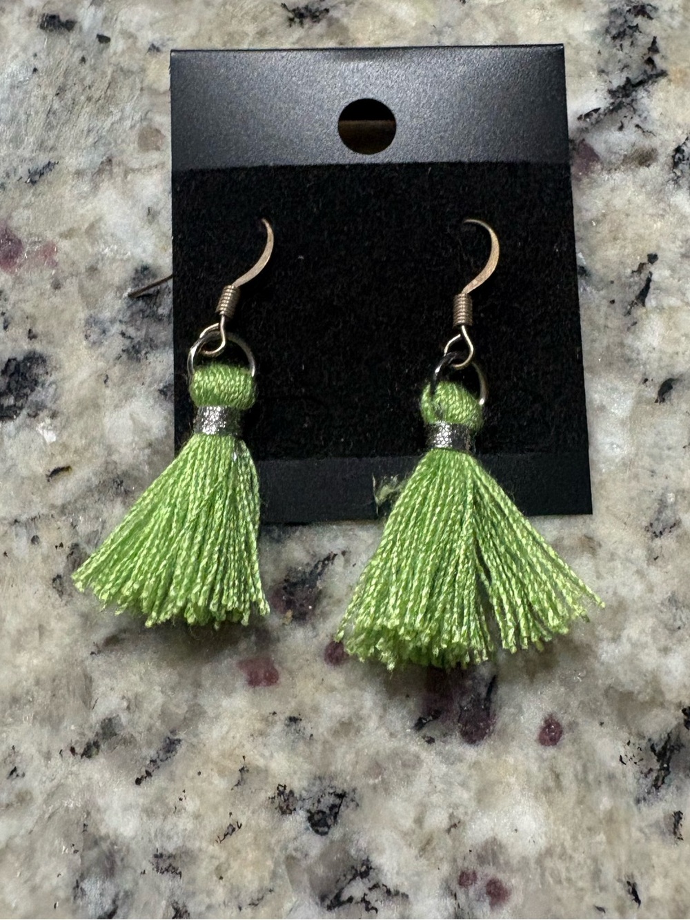 Lime green fringe earrings Handmade New on card